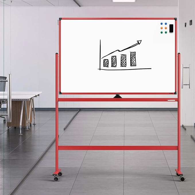 Rolling Whiteboard, 48x32 Inches Dry Erase Board with Stand, Magnetic Mobile Whiteboard on Wheels, Standing White Board for Office, School, Home, Large Double Sided White Board with Paper Pad
