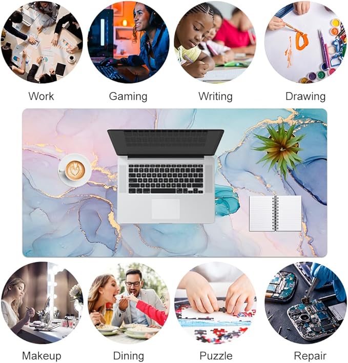 QIYI Large Mouse Pad, PU Leather Desk Mat for Desktop, Waterproof Gaming Desk Pad, Marble Full Desk Accessories Keyboard Mousepad, Abstract Art Home Office Décor 31.5" x 15.7" - Blue Pink Fluid