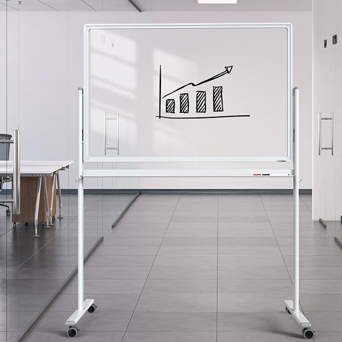 Mobile Clear Glass Whiteboard, 48 x 32 Inches Standing White Board on Wheels, Large Rolling Dry Erase Board with Stand, Transparent Tempered Glass Board for Office Home School, with Chart Paper