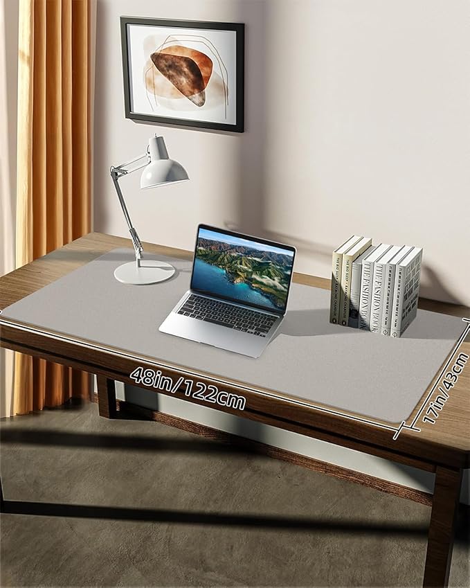 Leather Desk Pad & Protector, Large Mouse Pad & Blotter, Non-Slip PU Leather Desk Cover Mat, Light Grey, 48" x 17"