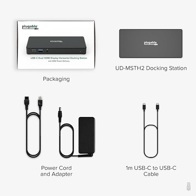 Plugable USB-C Docking Station Dual 4K 60Hz HDMI, 65W Charging, Gigabit Ethernet, 1x USB-C 5Gbps, 3X USB-A, Audio, Windows/ChromeOS, USB-C/USB4/Thunderbolt, Driverless (UD-MSTH2)