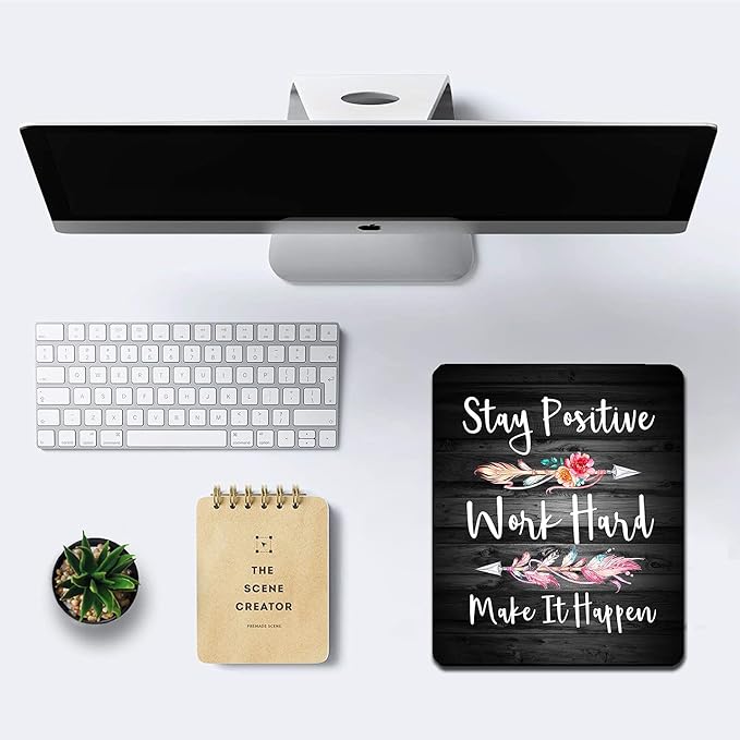 IMAYONDIA Rustic Black Wood Grain Mouse Pad, Black and White Quote Mouse Pad Office Decor, Mousepad Inspirational Quotes for Women, Stay Positive Work Hard and Make It Happen, 9.5 x 7.9 Inch
