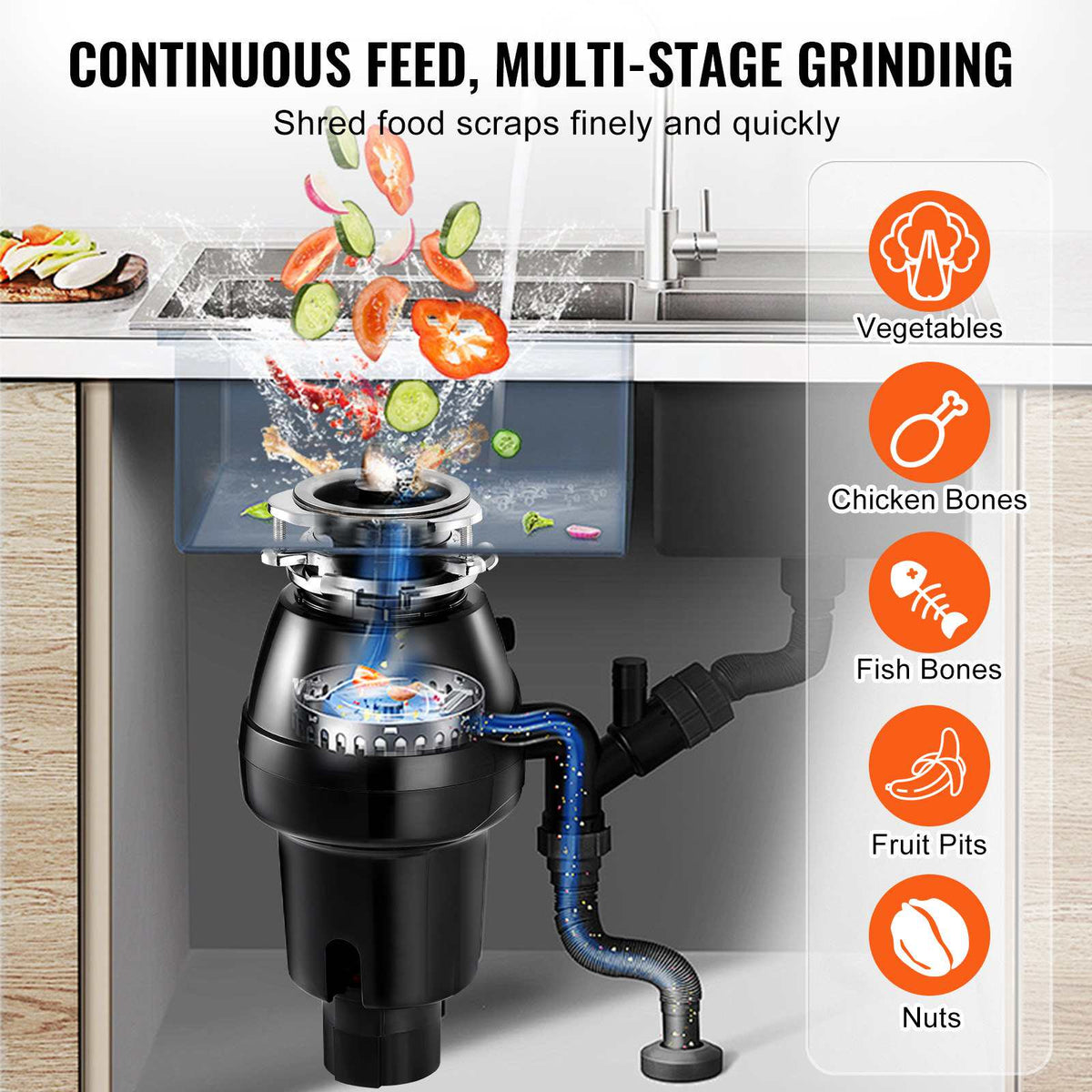 Garbage Disposal, 1/2 HP 3450RPM Continuous Feed Food Waste Disposer, 3-Bolt Mount Food Waste Grinding System with Sound Reduction, Power Cord & Splash Guard for Kitchen Sinks
