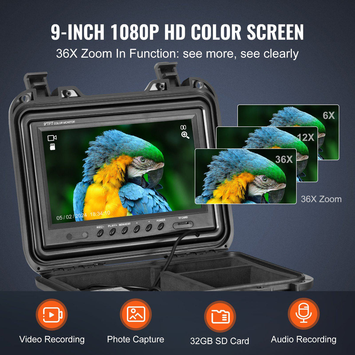 Sewer Camera, 165 ft/50m, Self-Leveling Pipeline Inspection Camera with 9" 1080P HD Screen, 36X Zoom, IP68 Waterproof Plumbing Camera with Lights-12 LED, 32GB Card Snake Camera for Duct Pipe