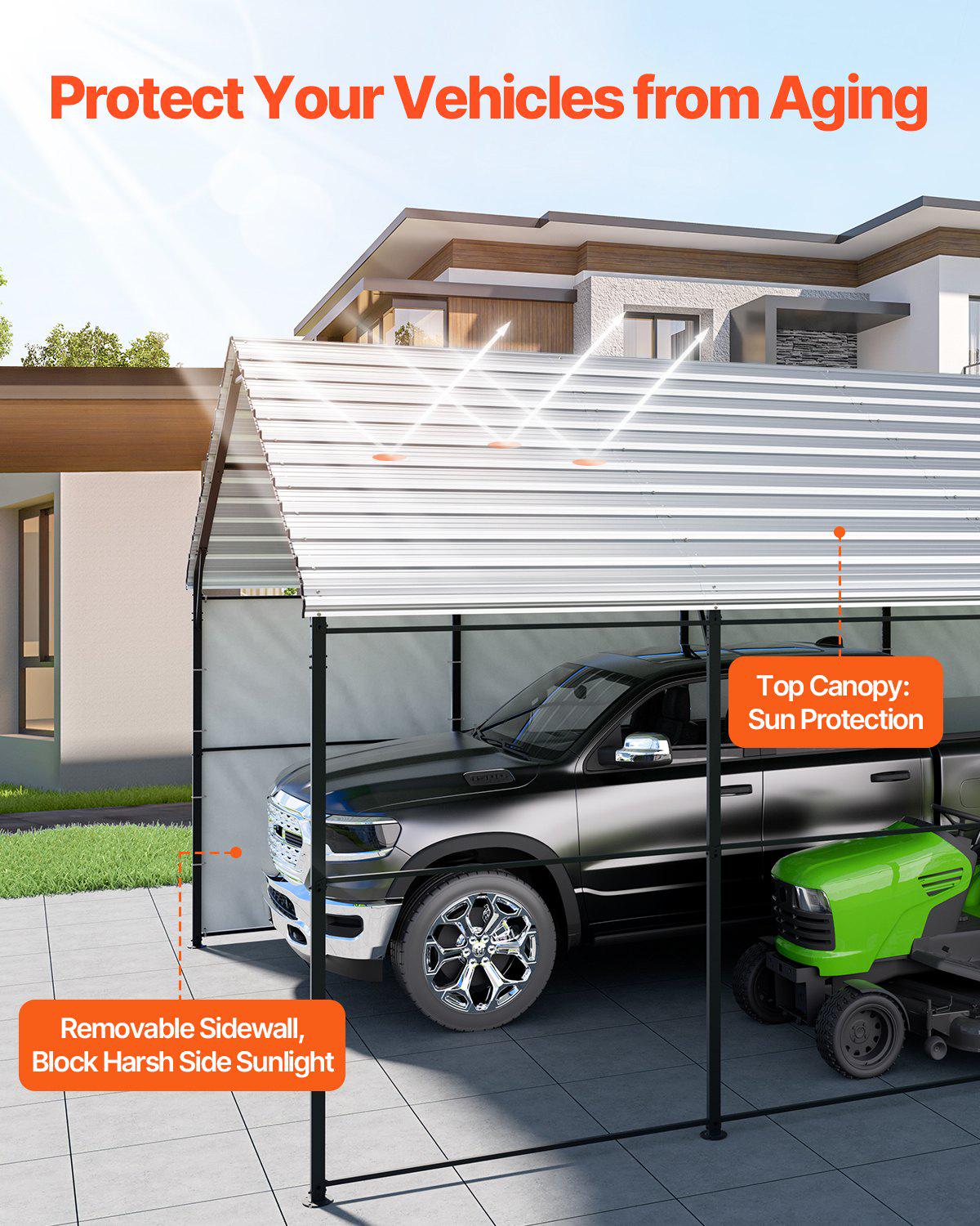 Heavy Duty Metal Carport, 13' x 26' Outdoor Carport with Galvanized Steel Frame & Roof, Car Tent Garage Shade with Removable Sidewalls, Multi-Use Car Shelter for Pickup, Boat, Car & Tractors