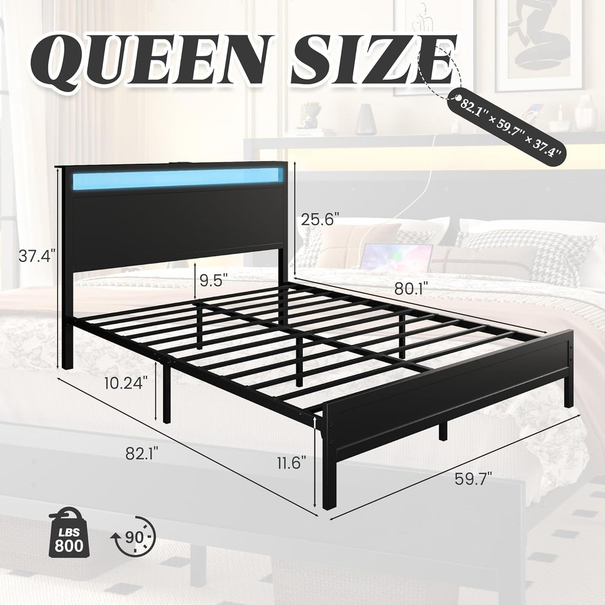 Queen Bed Frame with Headboard & Footboard, Bed Frame with Built-In Charging Station & LED Light, Storage Shelf, Noise-Free, No Box Spring Needed, Easy Assembly, Classic Black