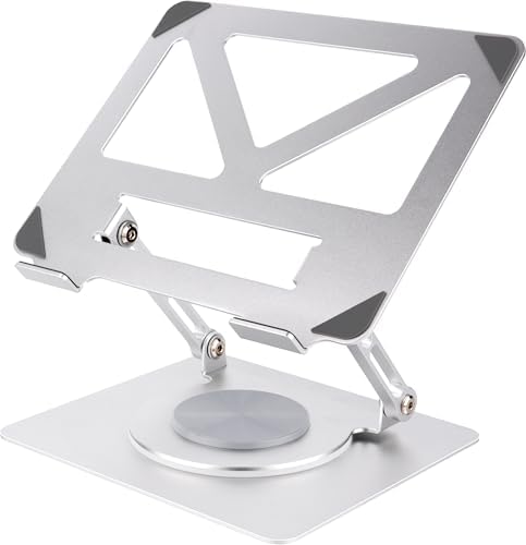 360 Rotating Aluminum Laptop Stand, Adjustable & Foldable Ergonomic Computer Stand, Compatible with MacBook, iPad, Dell, HP up to 16 Inches for Home & Office, Silver