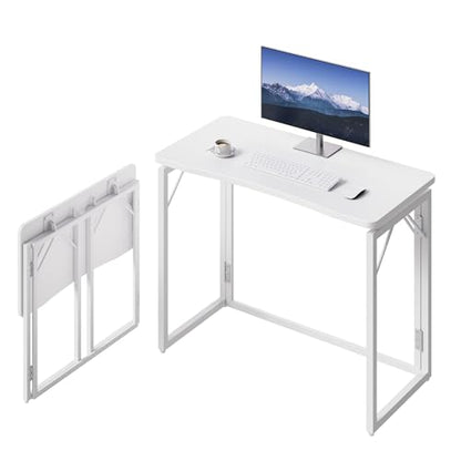 31.5" White Folding Desk, No Assembly, Wooden Top, Small Size