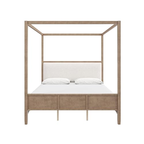 King Size Canopy Bed with Linen Headboard and 4-Poster, Walnut