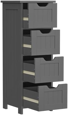 Bathroom Floor Storage Cabinet, Freestanding Wooden Side Organizer w/4 Drawers & Anti-Tip Kit for Bathroom Living Room Hallway Office Study, Grey