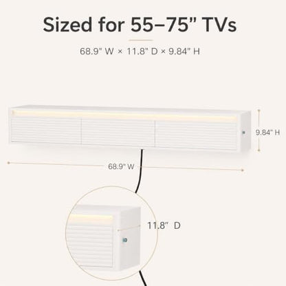 69" Fluted Floating TV Stand Wall Mounted with LED Power Outlets White