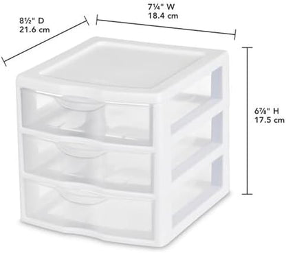 Sterilite Clearview Plastic Multipurpose Small 3 Drawer Desktop Storage Organization Unit for Home, Classrooms, or Office Spaces, White, (Pack of 6)