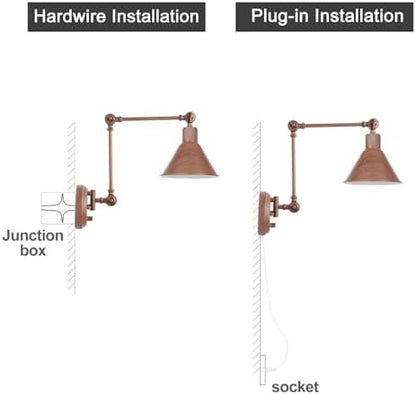 TRLIFE Plug in Wall Sconces, Dimmable Wall Sconces Set of 2 Plug in Swing Arm Wall Lights, Adjustable Wall Mounted Light Wall Lights with 6FT Plug in Cord, E26 Base(Two Arms, Walnut Color)