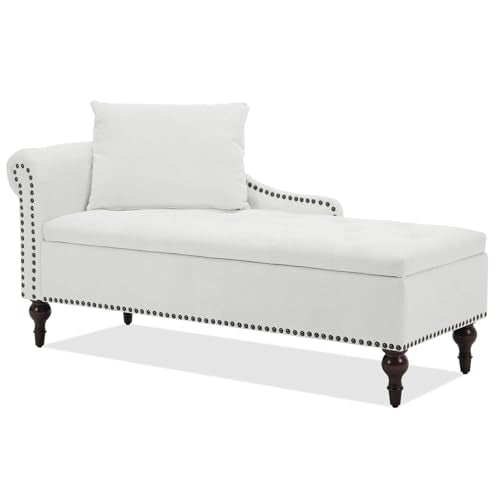 Velvet Chaise Lounge with Storage & Left Armrest, White