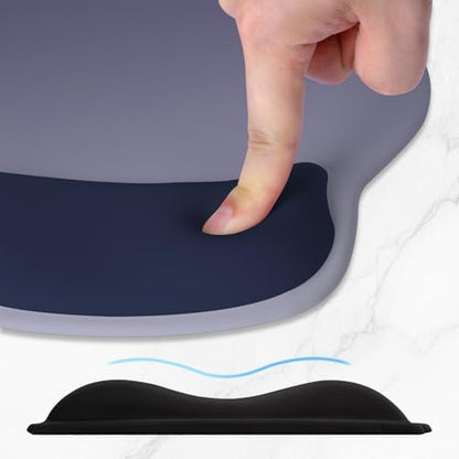 ITNRSIIET Ergonomic Mouse Pad with Wider Memory Foam Wrist Rest +17% - Curved Cushion Reduces Pressure 20%, Pain Relief, Non-Slip, Smooth, Cute Colors, 9.85 x 9 in, Gray Blue