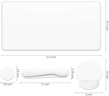 Dapesuom Large Gaming Mouse Pad, White Mouse Pads with Wrist Rest Wrist Support, 4in1 Big XXL Desk Mat Desk Pad + Ergonomic Mousepad + Memory Foam Keyboard Mat Wrist Rest + Coaster Set for Computer
