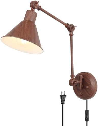 TRLIFE Wall Sconce Plug in, Dimmable Wall Sconce with Switch Swing Arm Wall Lights Plug in Wall Mounted Light Wall Sconces Lighting with 6FT Plug in Cord, E26 Base(1 Pack, Walnut Color)