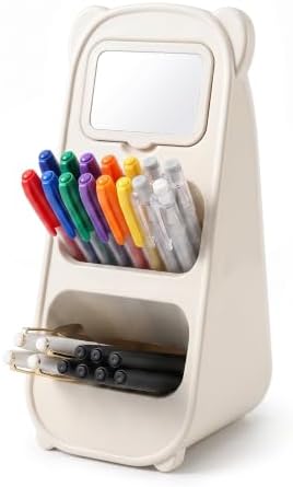 Cute Bear Pen Holder for Desk with Detachable Magnetic Mirror, Aesthetic Cream White Desk Organizer, 2-Compartment Pencil Cup Storage for Office & School