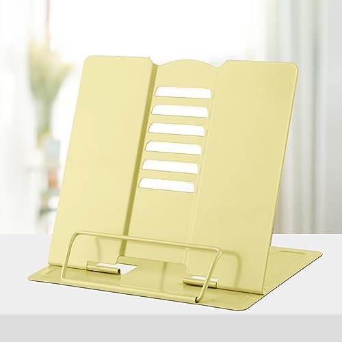 Honagu Book Stand Metal Desk Book Holder, Book Holders for Reading Hands Free, Adjustable Cookbook Documents Holder, Portable Bookstand for Music Books, Textbook, Recipe, Tablet, Ipad（Light Yellow）