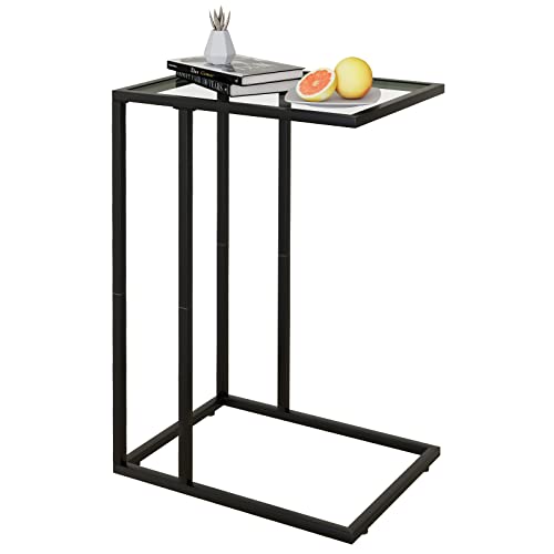 C Table Glass End Table, Couch Side Table, Tempered Glass Snack Side Table with Metal Frame, TV Tray Table for Small Space, Sofa Couch Side Tableand Bed Side Table(Black)