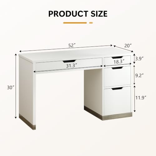 White Desk with 4 Drawers, 52 Inch Computer Desk