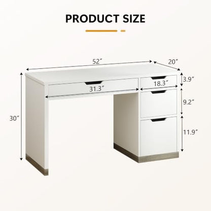 White Desk with 4 Drawers, 52 Inch Computer Desk