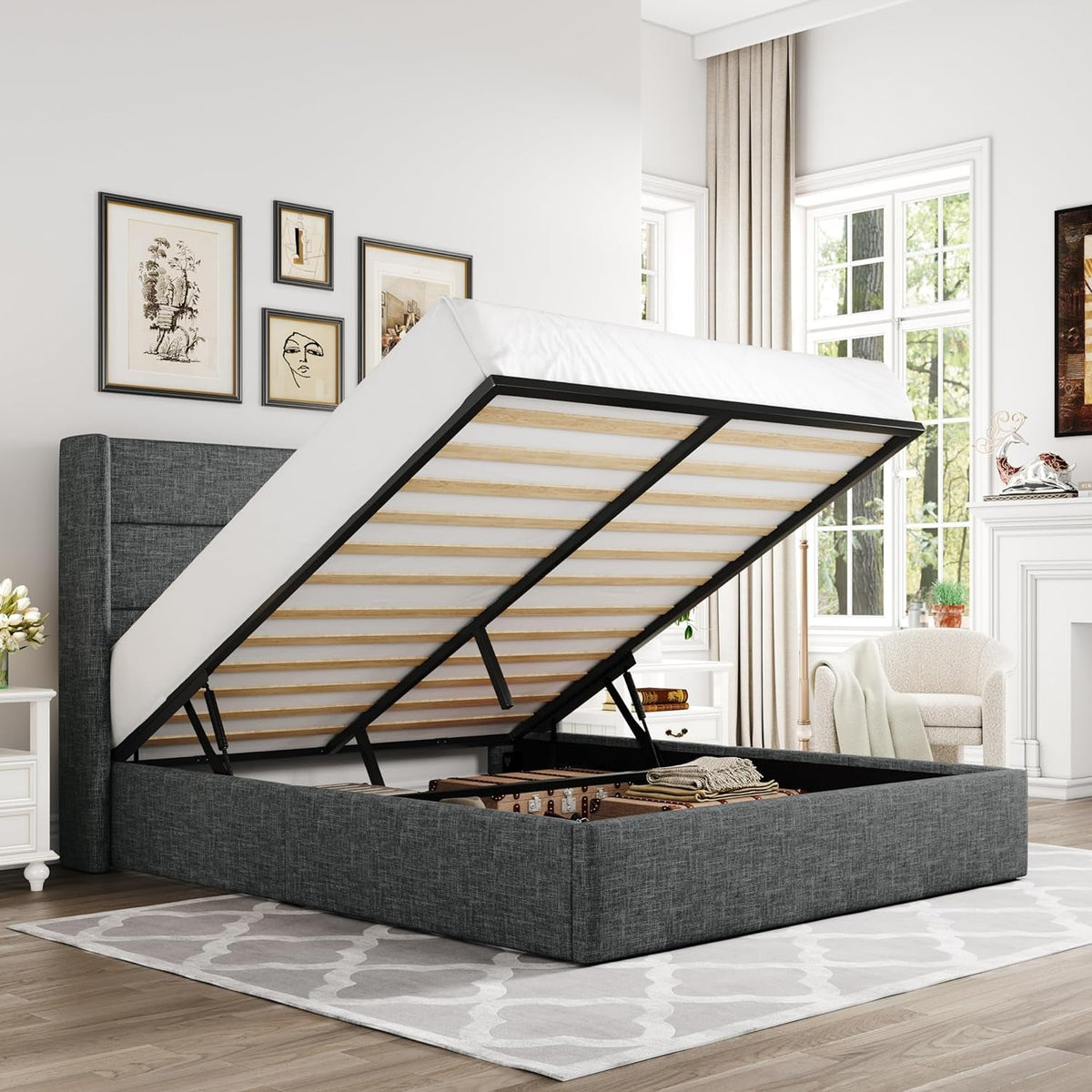 Queen Size Lift up Storage Bed, Modern Wingback Headboard, Hydraulic Support, No Box Spring Needed, Dark Grey