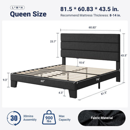 Queen Size Platform Bed Frame with Fabric Upholstered Headboard and Wooden Slats Support, Fully Upholstered Mattress Foundation/No Box Spring Needed/Easy Assembly, Dark Grey