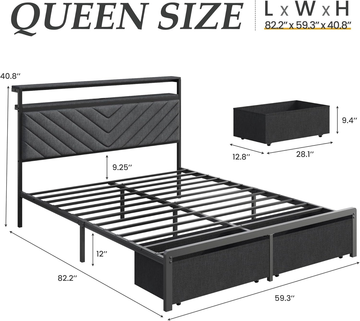 Queen Bed Frame with 2 Drawers, Upholstered Headboard with Storage and Charging Station, LED Lights, Fabric Drawers with Wheels, under Bed Storage, No Box Spring Needed, Easy Assembly, Grey