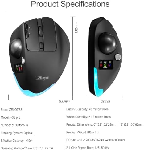 zelotes Wireless Trackball Mouse with Display,Ergonomic Bluetooth Mouse,Rechargeable,4800 DPI, 3-in-1(BT +2.4GHz USB Receiver+Type-C), 8 Programmable Buttons,LED Lighting,for Laptop, PC, Pad,Black