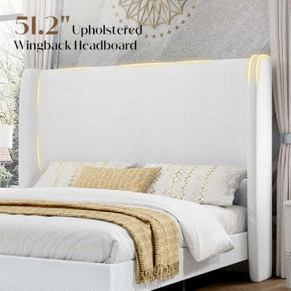 Queen Bed Frame Linen Upholstered 51.2" Tall Headboard, White