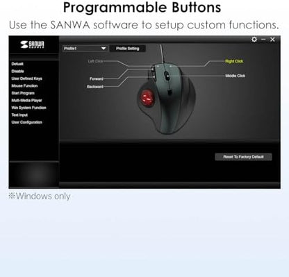 SANWA Wired Ergonomic Trackball Mouse, Optical Rollerball Mice, Programmable Silent Buttons, 34mm Trackball, 600/800/1200/1600 Adjustable DPI, Compatible with MacBook, Laptop, Windows, macOS