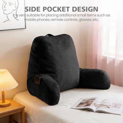 Reading Pillow with Adjustable Memory Foam,Adult Backrest with Arms, Back Pillow for Sitting in Bed with Washable Cover- Large, Black