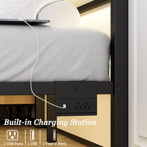 Full Size Bed Frame with Charging Station & LED Lights, Metal Platform Bed Frame with Headboard and Footboard, Storage Space Under Bed, No Box Spring Needed, Noise Free, Easy Assembly, Black