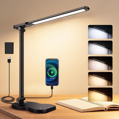 LED Desk Lamp for Dorm, Desk Light with USB Charging Port, Black