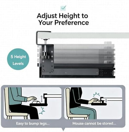 Clamp-On Under Desk Organizer, 360° Swivel Tray & 5-Height Keyboard Tray, No-Drill Mount, Hidden Mouse Pad Storage, Fits 0.59-1.57" Desks, Black/Gray-White, Black, Storage & Keyboard Tray Combo