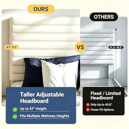 Full Bed Frame, Velvet Upholstered Bed with Adjustable Headboard