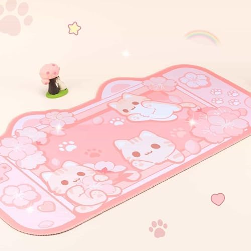 BelugaDesign Sakura Cat Desk Pad | NS Switch Keyboard Laptop Gaming Setup Accessories Mat Large Mat Mousepad | Pastel Pink Bunny Kawaii Cute Anime Desk Mat Blotter Protector with Gel Wrist Support