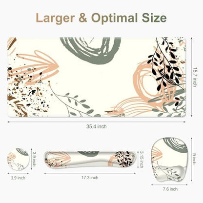 Large Mouse Pad with Wrist Support 4 in1 Set, XXL Big Game Mousepad + Keyboard Wrist Rest+Mouse Wrist Rest+Coaster Ergonomic Gaming Mat for Home Office Table Computer I Modern Boho Leaves