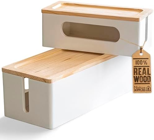 NATURE SUPPLIES Set of 2, Wood Cable Management Boxes, Large and Medium Cord Organizer to Hide Wires and Power Strips for TV, Desk, Computer, Router, Cable Storage and Home Office Organization, White