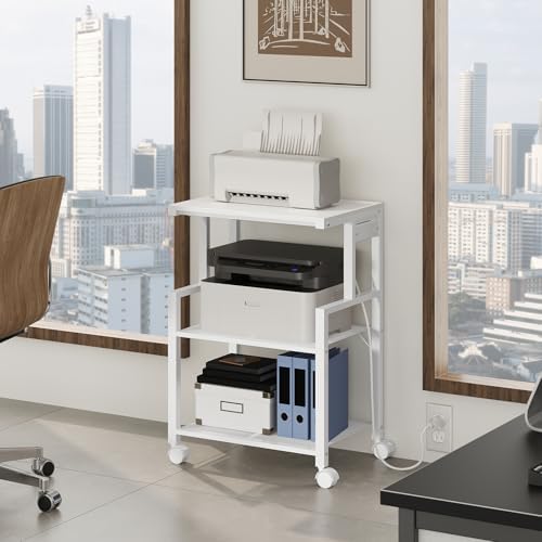 MAHANCRIS Mobile Printer Stand, 3-Tier Industrial Printer Cart with 2 AC Outlets and 2 USB Ports, Rolling Printer Table on Wheels for Home Offices Kitchen Organization Rack, White PTWT78E01