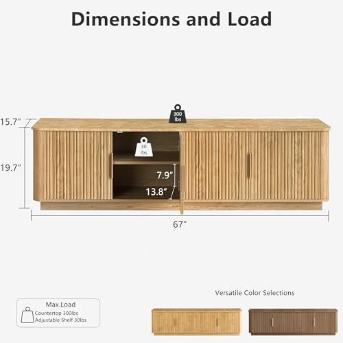 67" Fluted TV Stand with Storage, Faux Marble Top, Boho, Oak