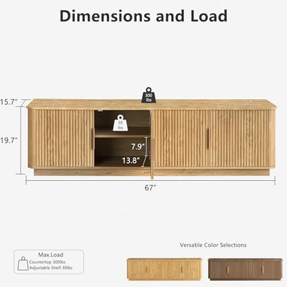 67" Fluted TV Stand with Storage, Faux Marble Top, Boho, Oak