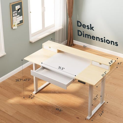 SANODESK Electric Standing Desk with Drawer, 71 x 32 inch Height Adjustable Computer Desk, Home Office Stand Up Desk with 4 Preset Heights, White