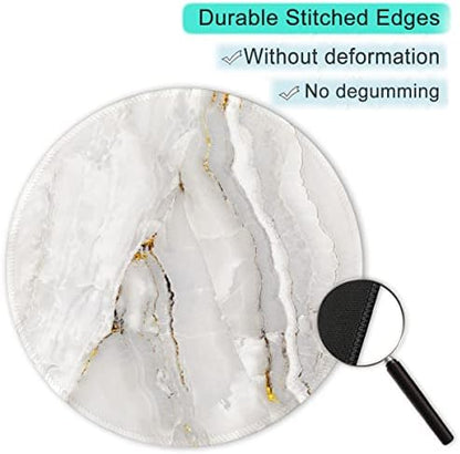 ITNRSIIET Round Mouse Pad with Stitched Edge Premium-Textured Waterproof Non-Slip Rubber Base Desktop Protection Mat Diameter 8.7 inches, White Textured Marble