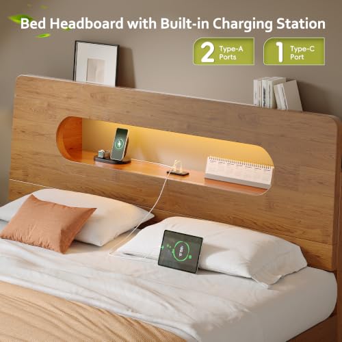 Queen Size Solid Wood Bed Frame with Storage Headboard,Brown
