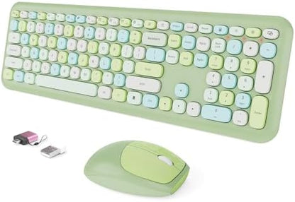 Wireless Keyboard and Mouse Combo, Colorful Ergonomic Full Size Retro Low-Noise Keyboard with Cute keycaps, Compatible with Windows, PC, Perfer for Home and Office Keyboards (Green)