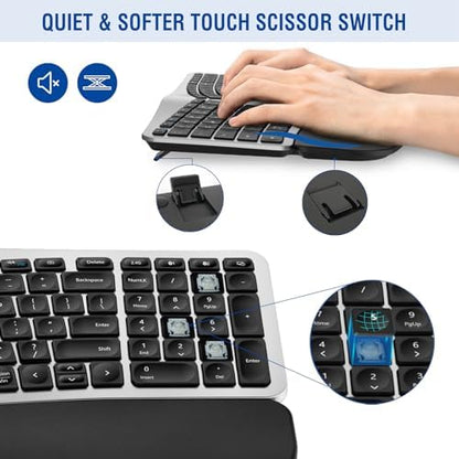 MK960 Ergo Wireless Keyboard Mouse Combo, Bluetooth/2.4G Split Design Keyboard with Palm Rest and 4 Level DPI Adjustable Wireless Mouse, Multi-Device, Rechargeable, for Windows/Mac/Android(Silver)