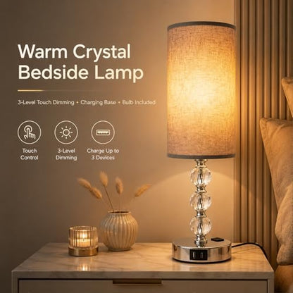 Crystal Table Lamp 14.6", 3-Way Dimmable with Touch Control, USB Charging Ports & AC Outlet, Bulb Included, – 3000K Warm White for Bedroom Living Room