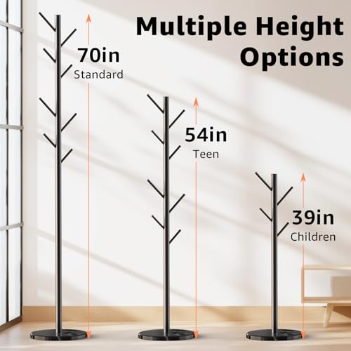 Coat Rack with Natural Marble Base, 3 Adjustable Height Coat Tree